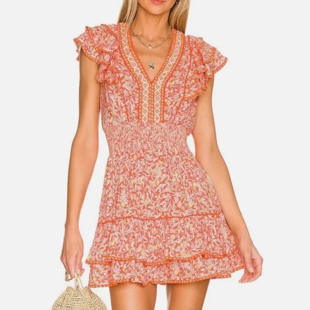 Poupette St Barth Coral-Peach Floral Ruffle Mini Dress with Smocked Waist
